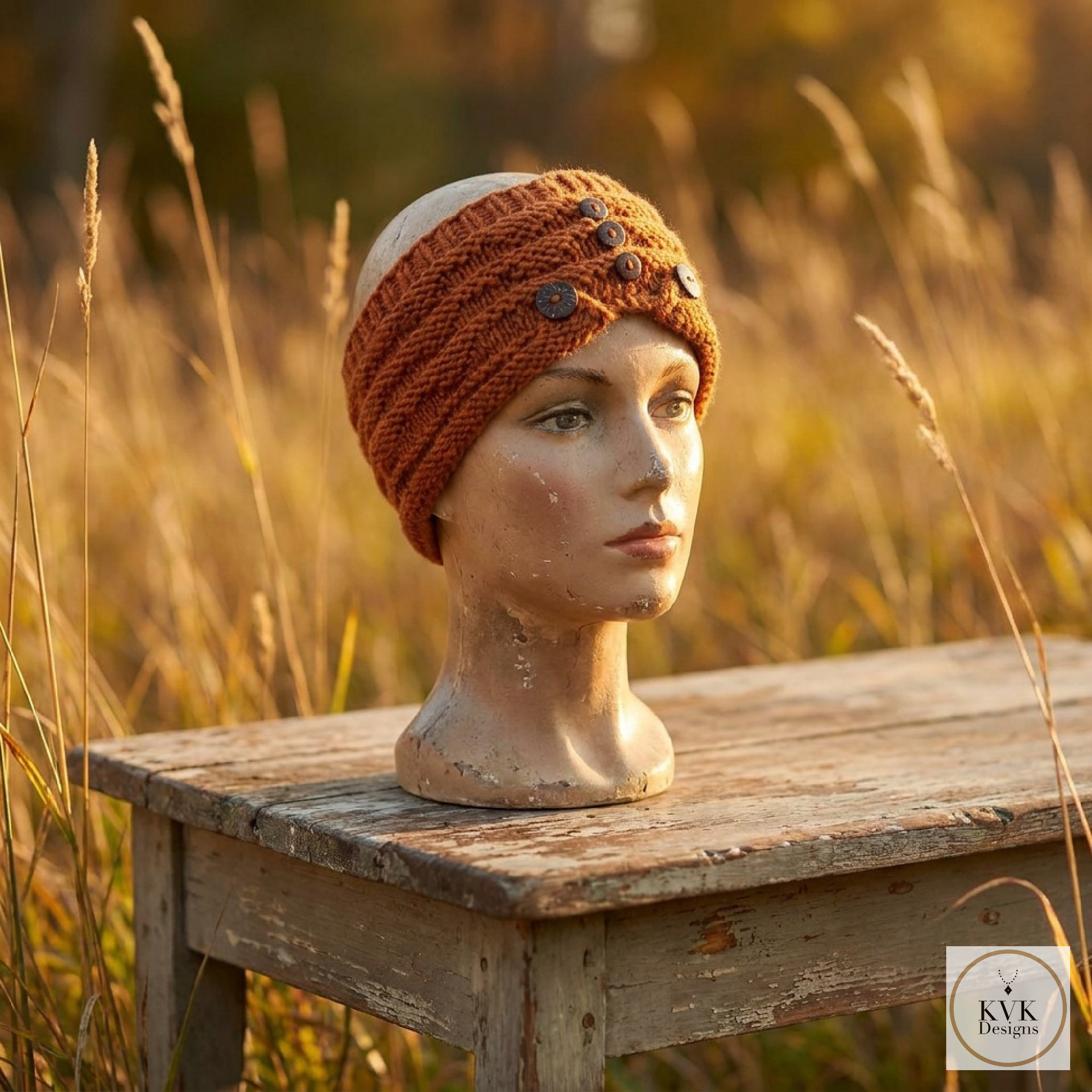 Hand-Knit Orange Wool Headband with Buttons - Cozy Ear Warmer for Women