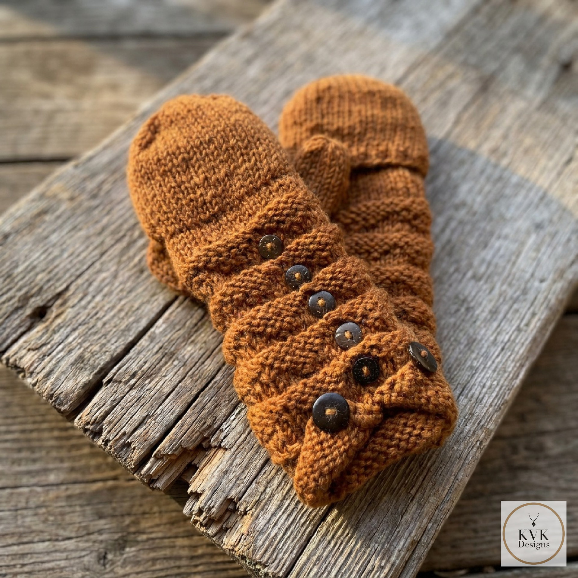 Hand-Knit Orange Wool Mittens with Wooden Buttons - Convertible Fingerless Gloves
