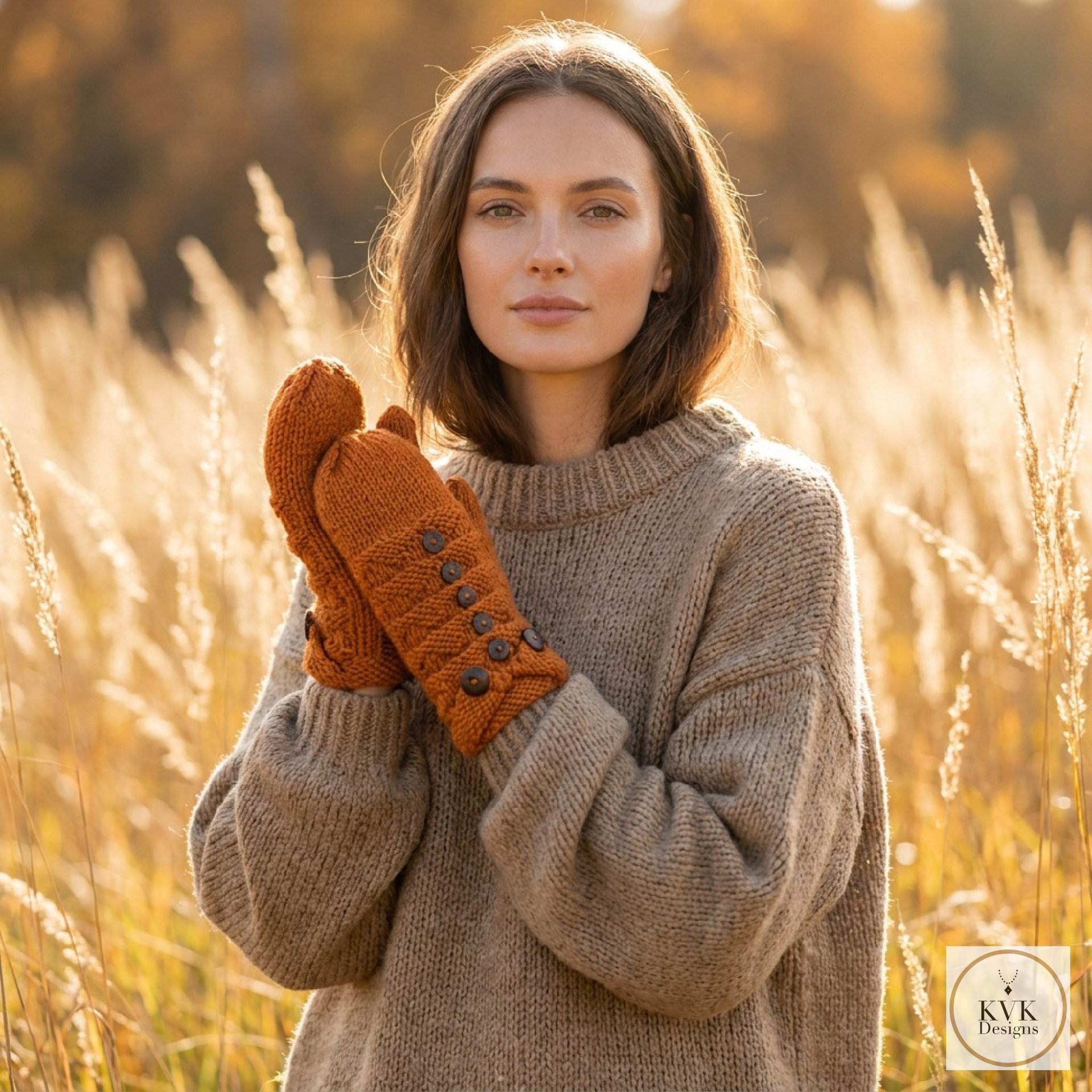 Hand-Knit Orange Wool Mittens with Wooden Buttons - Convertible Fingerless Gloves