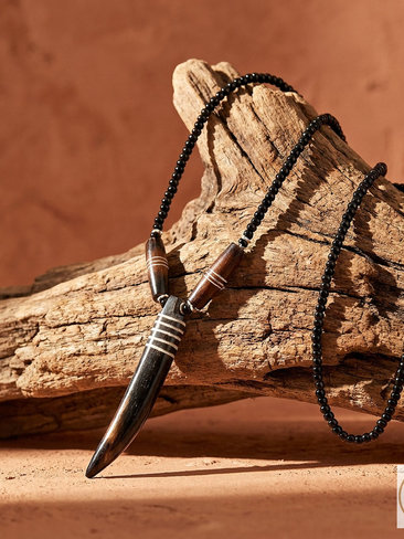Brown Bone Tooth Pendant on Beaded Chain