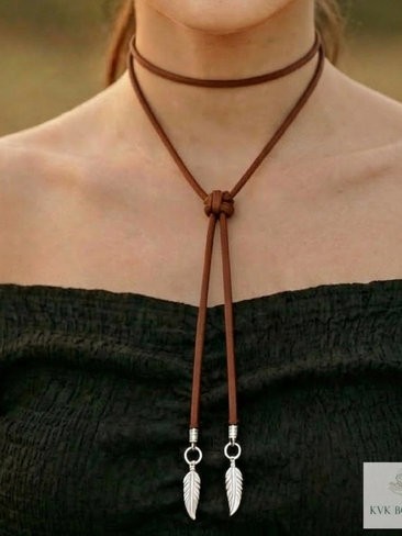 Boho Chic: Brown Suede Lariat Feather Necklace - Adjustable Length, Long Bohemian Jewelry