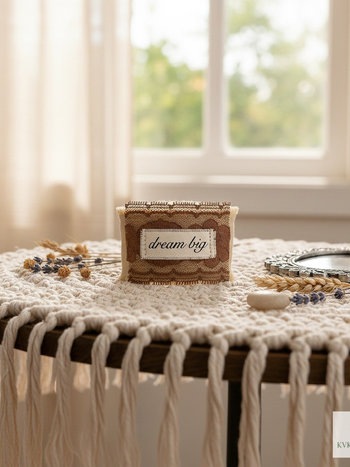 Boho Cotton Cuff Bracelet – Embroidered Dream Big Quote, Vintage Lace Detail