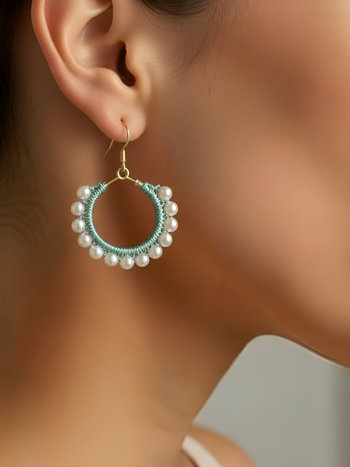 Elegant Freshwater Pearl Earrings with Hand-Woven Green Silk Hoops