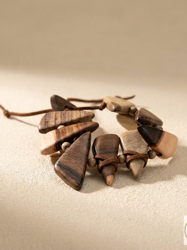 Geometric Wooden Bracelet - Adjustable Suede Cord, Handcrafted Earthy Jewelry