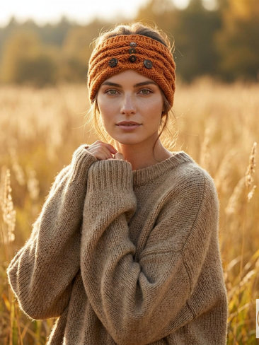 Hand-Knit Orange Wool Headband with Buttons - Cozy Ear Warmer for Women