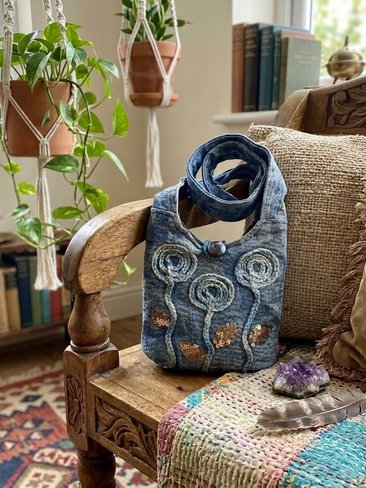 Blue Flower Cotton Crossbody Bag