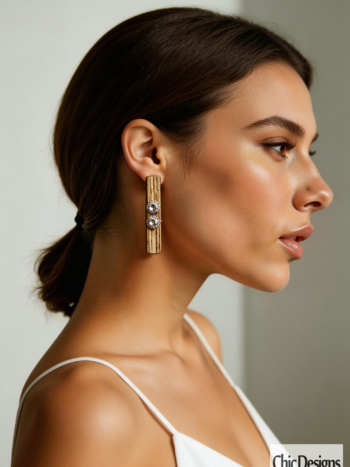 White Beige and Gray Wooden Bar and Smokey Gray Swarovski Rhinestone Earrings 