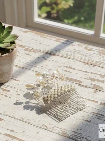 White Pearl Flower Vine and Crystal Rhinestone Hair Comb