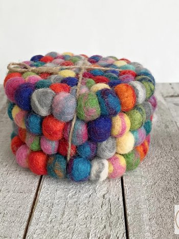 Colorful Wool Felt Ball Coaster Set - Handmade Drink Coasters, Set of 4, Eco-Friendly