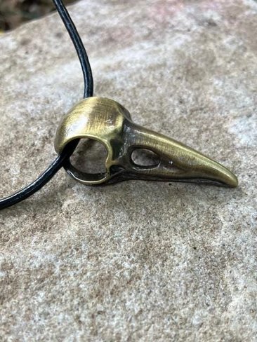 Gothic Crow Skull Necklace, Brass Raven Bird Pendant, Witchy Jewelry