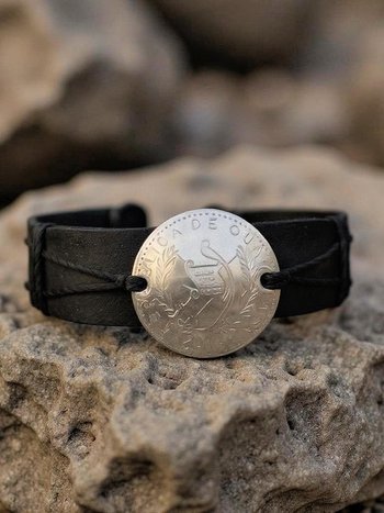 Handcrafted Coin Bracelet from Guatemala - Adjustable Black Leather Cuff