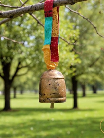 Boho Copper Bell with Colorful Sari Silk Ribbons - Unique Artisan-made Boho Wall Hanging