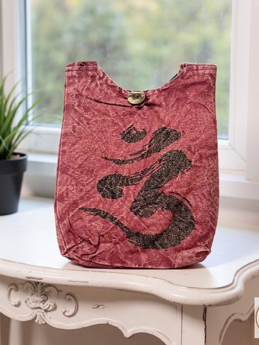 Red Handmade Crossbody Bag with Spiritual OM Symbol - Hippie Style Shoulder Bag