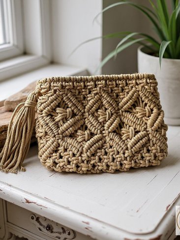 Tan Macramé Clutch Bag - Boho Bag, Summer Purse