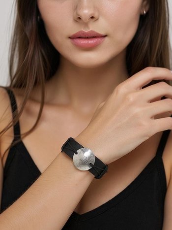 Handcrafted Coin Bracelet from Guatemala - Adjustable Black Leather Cuff