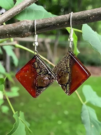 Hand-Blown Reddish Brown Glass Earrings - Diamond Shaped Dangle Earrings