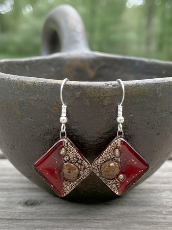 Hand-Blown Reddish Brown Glass Earrings - Diamond Shaped Dangle Earrings