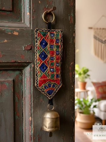 Handmade Bell on Crocheted Fabric with Mirror Work - Unique Artisan-made Wall Hanging