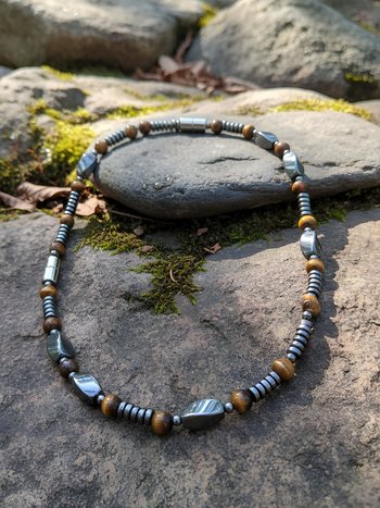 Men's Magnetic Hematite Tigers Eye Bead Necklace