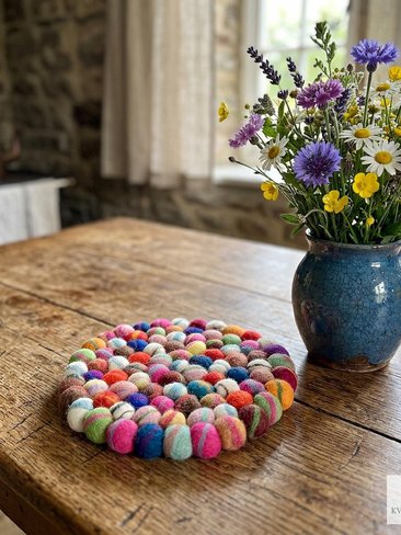 Colorful Wool Felt Ball Trivet, Boho Kitchen Hot Pad, Handwoven Table Pot Holder
