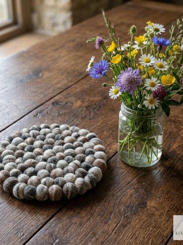 Mixed Gray Wool Felt Ball Trivet, Boho Kitchen Hot Pad, Coaster Table Pot Holder