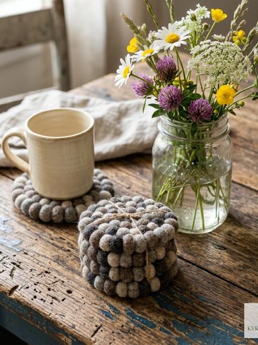 Mixed Gray Wool Felt Ball Coaster Set, Handmade Drink Mug Rug, Eco Cup Mat