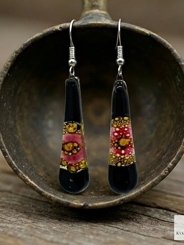 Handcrafted Black Fused Dichroic Glass Earrings - Boho Teardrop Dangle Earrings