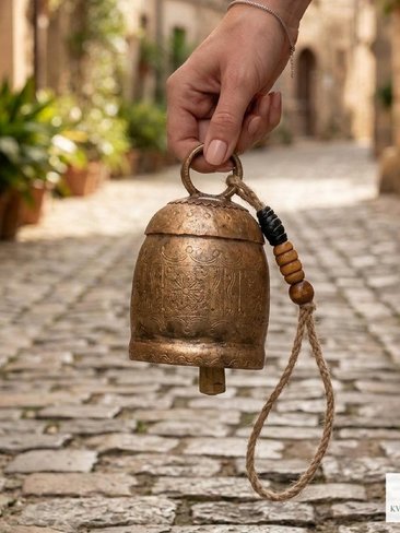 Handmade Etched Copper Bell with Jute Cord: Artisan-made Boho Wall Hanging