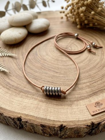 Boho Leather & Silver Bead Necklace - Adjustable Minimalist Style