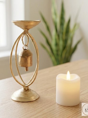 Zen Bell Votive Candle Holder - Artisan Metal Chime Altar Display Stand, 6.5 Inch