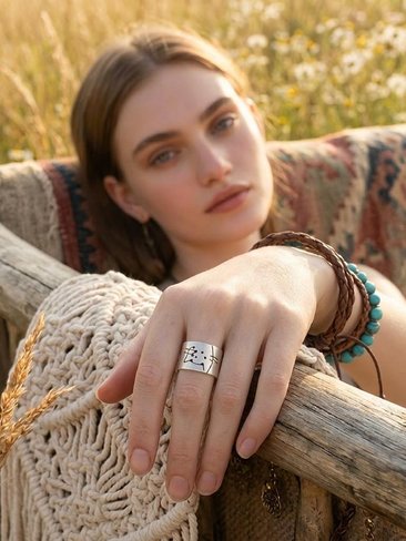 Silver-Plated Brass Cat Tree Face Ring – Rustic Boho Adjustable Statement Jewelry