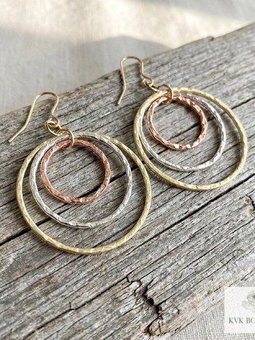 Mixed Metal Dangle Earrings - Hammered Tri Color Nested Hoops, Three Tone Circle Drops