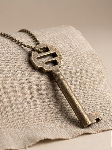 Antique Iron Skeleton Key Necklace OPHELIA, Two-Bladed Trunk Lock Pendant, Brass Ball