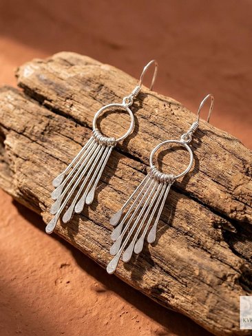 Sterling Silver Fringe Paddle Earrings, Handcrafted Boho Dangles, Unique Metallic Statement Drops