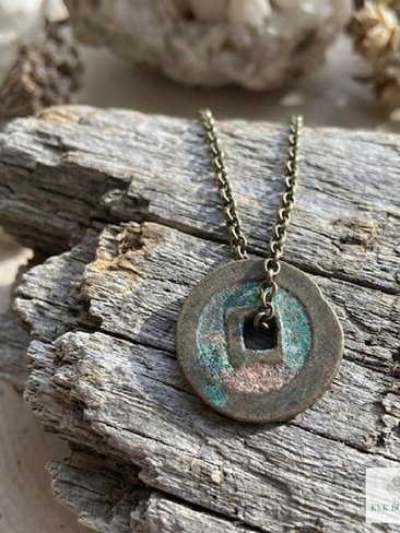 Antique Chinese Cash Coin Necklace, Feng Shui Good Fortune Pendant