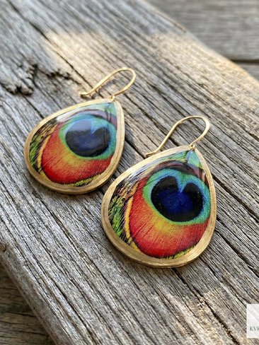 Peacock Feather Print Teardrop Earrings, Bohemian Gold Plated Dangles, Colorful Artisan Jewelry Drops