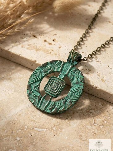 Brass Patina Circle Necklace, Boho Verdigris Pendant, Tribal Green Bronze Statement