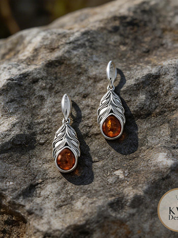Oxidized Amber Feather Earrings