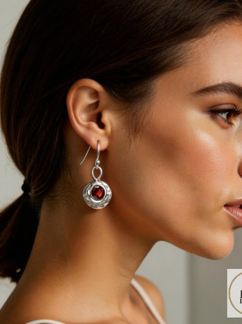Oxidized Round Hammered Earrings With Garnet